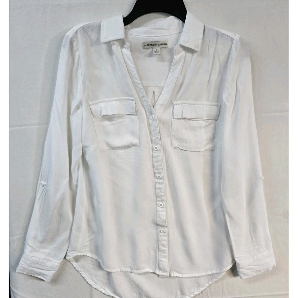 Alexander Jordan Women's White Button Up Shirt M Pockets Rayon